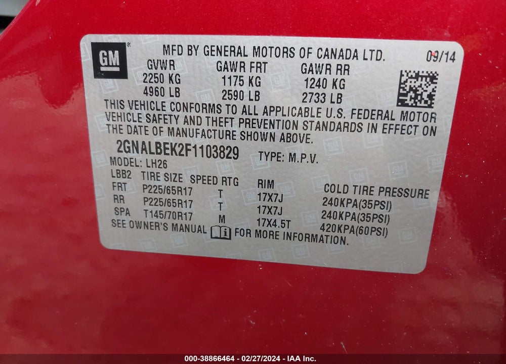 2015 CHEVROLET EQUINOX 1LT VIN: 2GNALBEK2F1103829