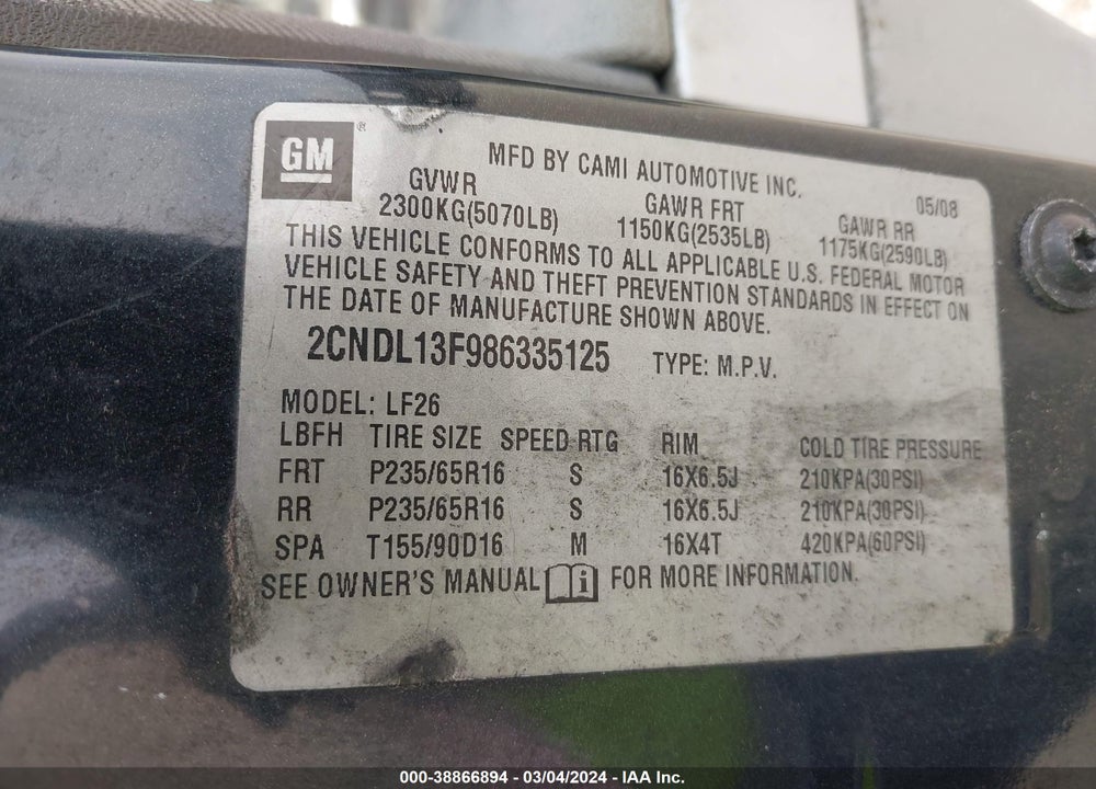 2008 CHEVROLET EQUINOX LS VIN: 2CNDL13F986335125