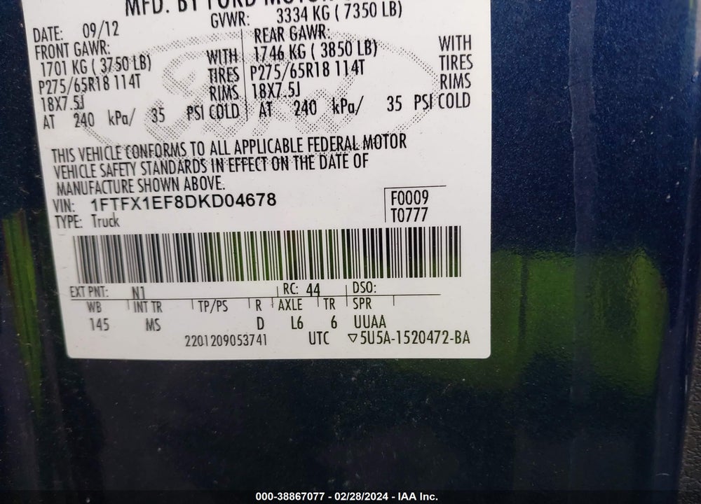 2013 FORD F-150 XLT VIN: 1FTFX1EF8DKD04678