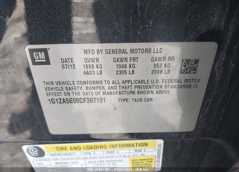 2012 CHEVROLET MALIBU LS VIN: 1G1ZA5E08CF387191