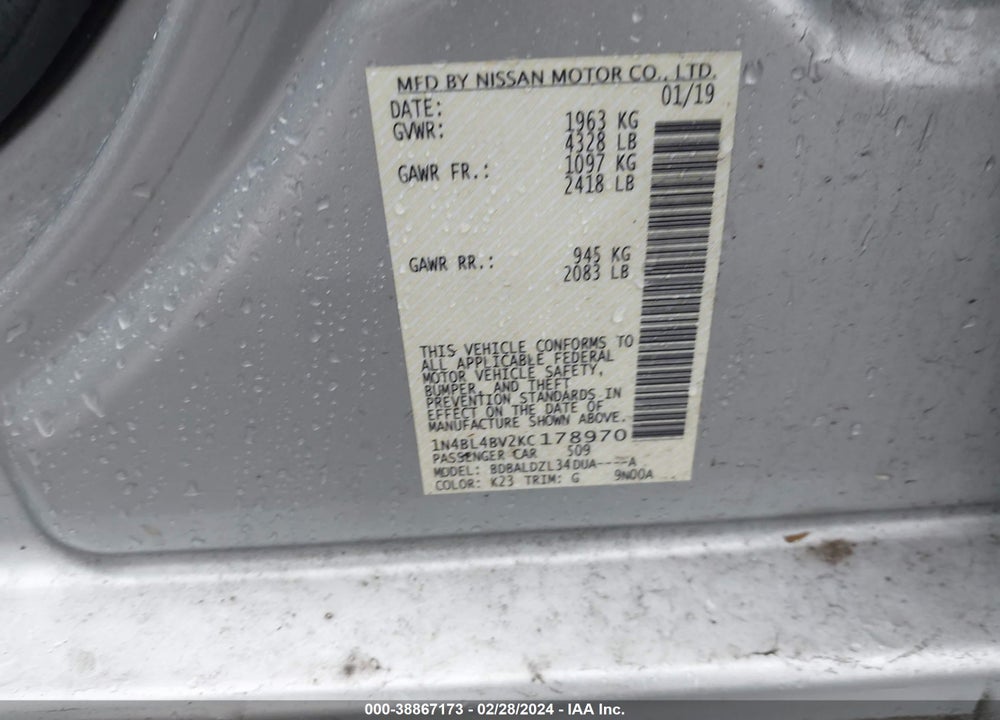 2019 NISSAN ALTIMA 2.5 S VIN: 1N4BL4BV2KC178970