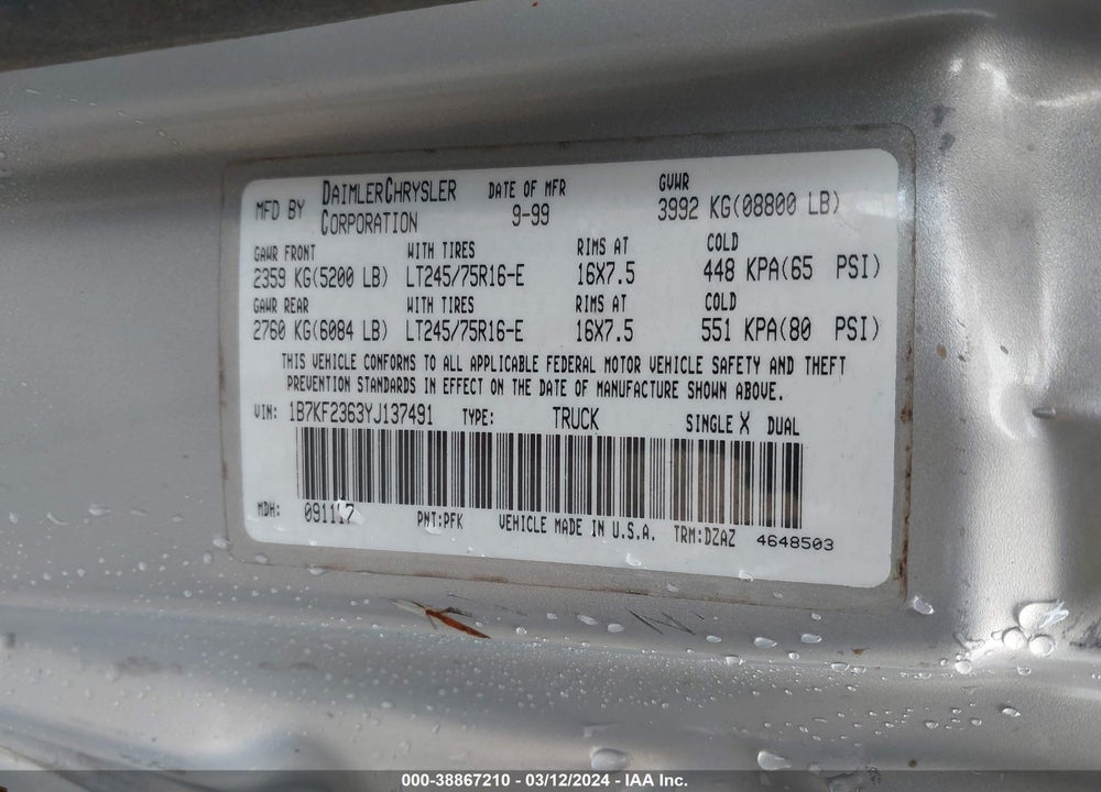 2000 DODGE RAM 2500 ST VIN: 1B7KF2363YJ137491