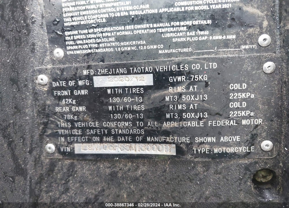 2021 TAOI TITAN VIN: L9NTCGPS5M1300011