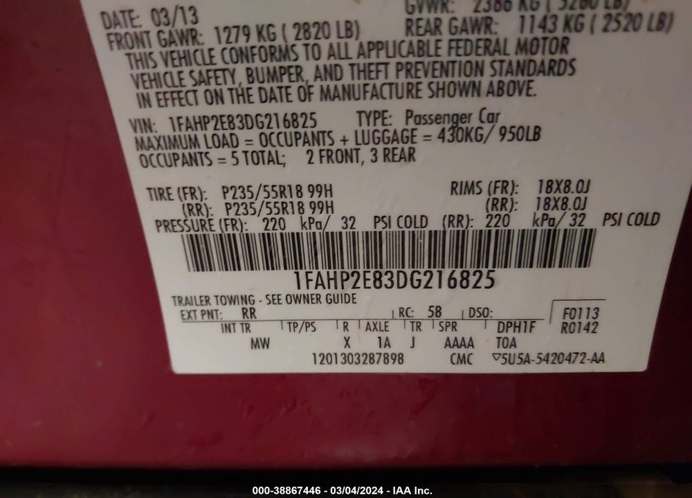 2013 FORD TAURUS SEL VIN: 1FAHP2E83DG216825