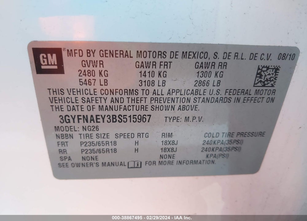 2011 CADILLAC SRX LUXURY COLLECTION VIN: 3GYFNAEY3BS515967