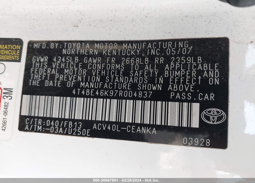 2007 TOYOTA CAMRY LE VIN: 4T4BE46K97R004837