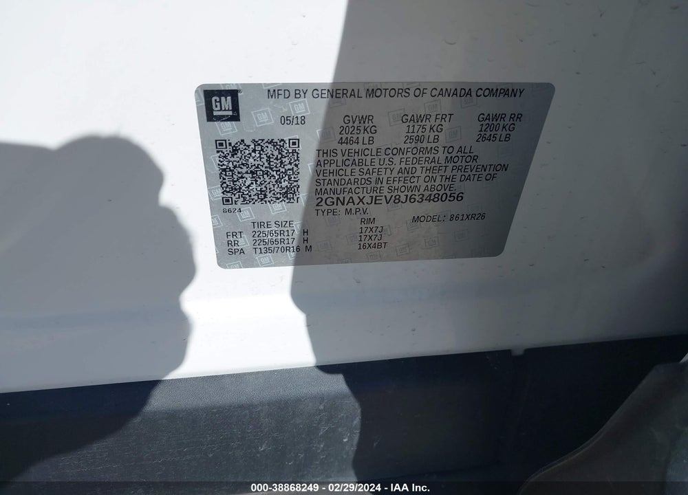 2018 CHEVROLET EQUINOX LT VIN: 2GNAXJEV8J6348056