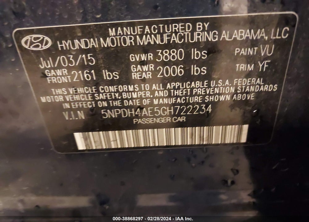 2016 HYUNDAI ELANTRA SE VIN: 5NPDH4AE5GH722234