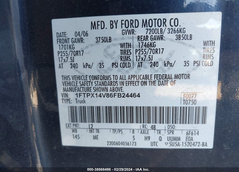 2006 FORD F-150 FX4/LARIAT/XL/XLT VIN: 1FTPX14V86FB24464