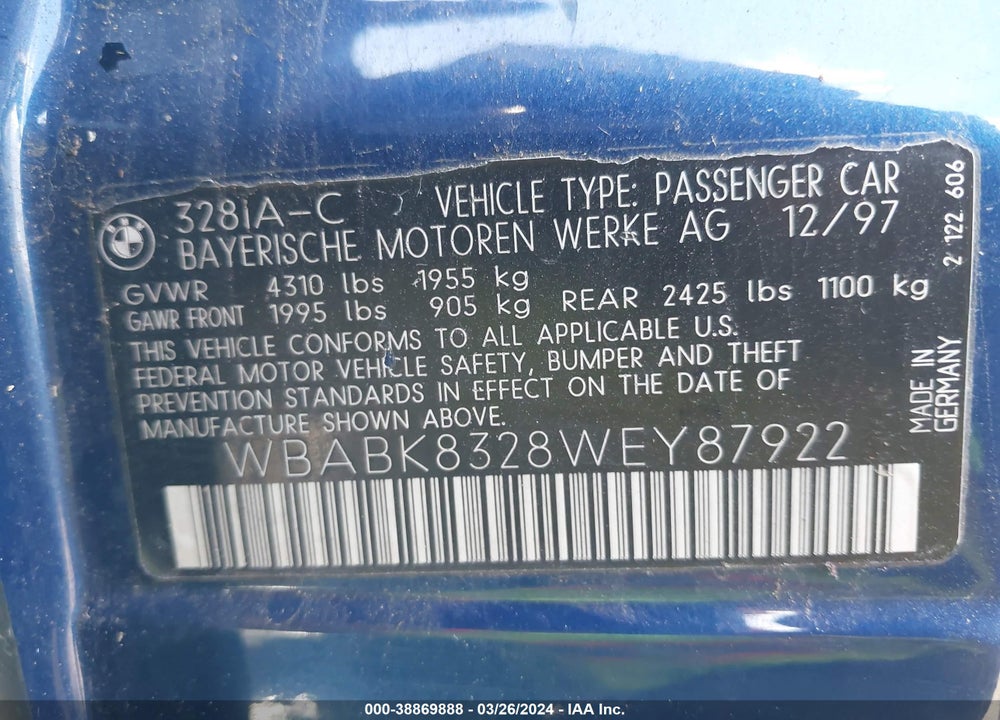 1998 BMW 328IC VIN: WBABK8328WEY87922