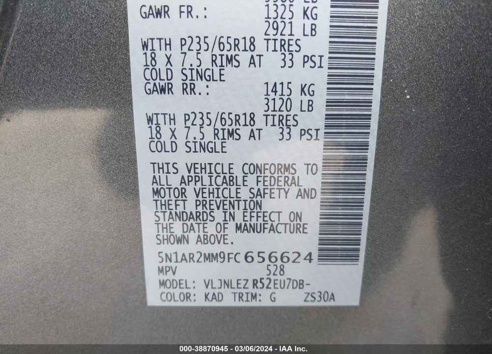 2015 NISSAN PATHFINDER SV VIN: 5N1AR2MM9FC656624
