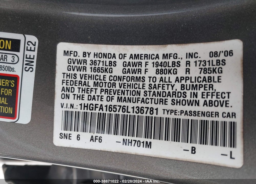 2006 HONDA CIVIC LX VIN: 1HGFA16576L136781