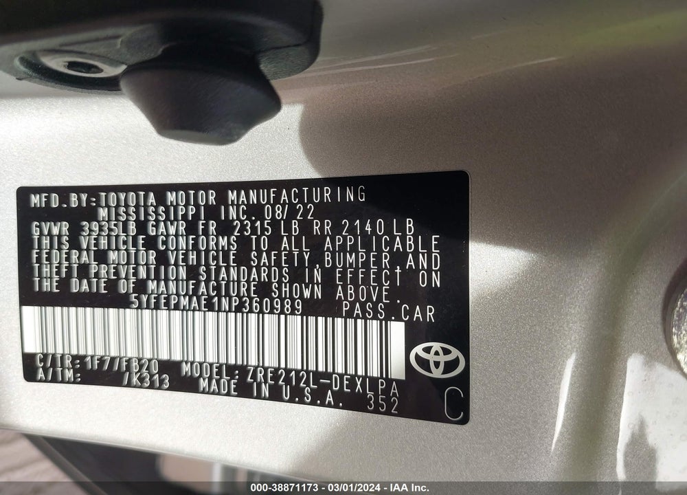 2022 TOYOTA COROLLA LE VIN: 5YFEPMAE1NP360989