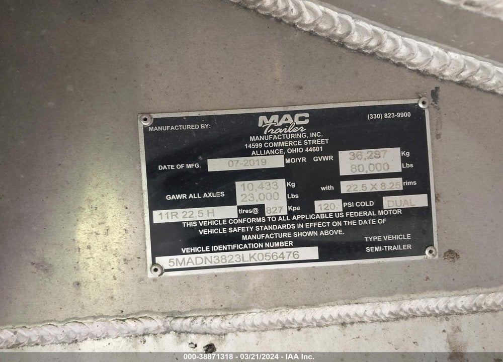 2020 MAC TRAILER MFG DUMP TRAILER VIN: 5MADN3823LK056476