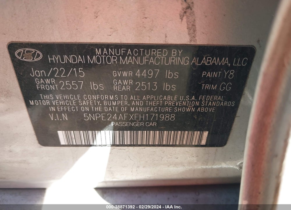 2015 HYUNDAI SONATA SE VIN: 5NPE24AFXFH171988