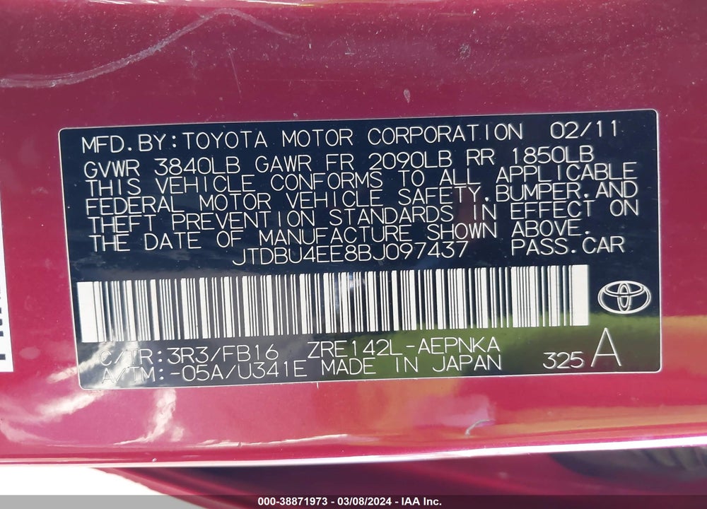 2011 TOYOTA COROLLA LE VIN: JTDBU4EE8BJ097437