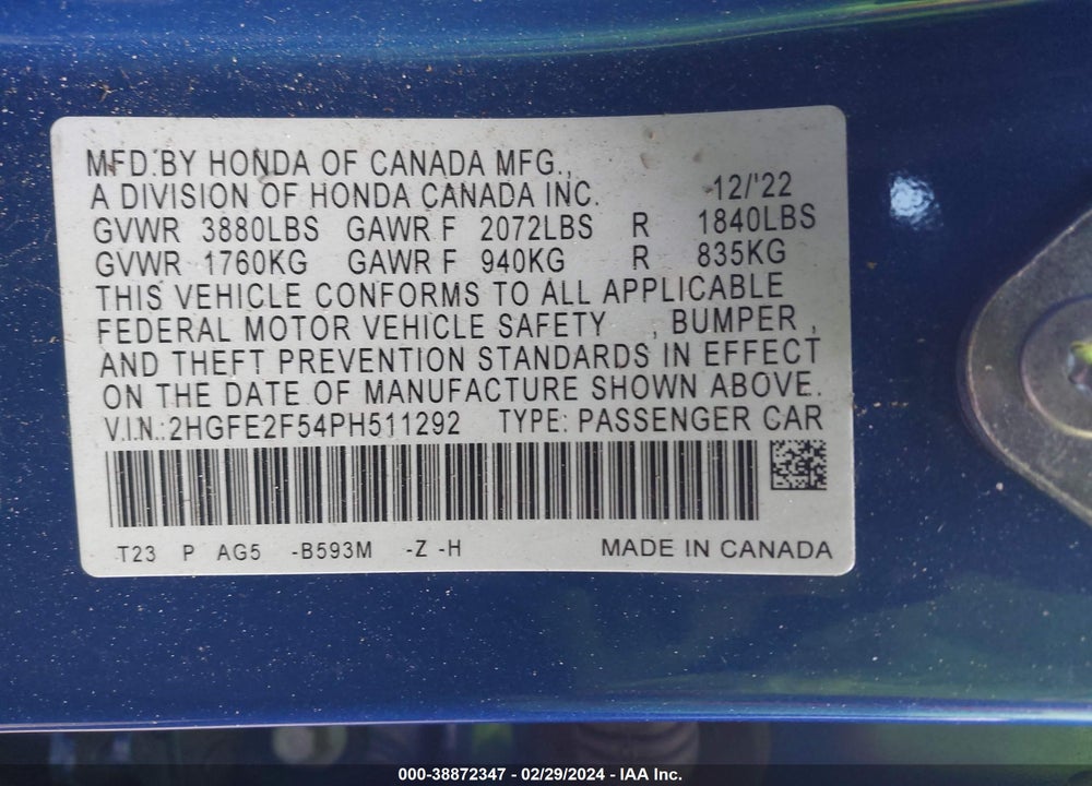 2023 HONDA CIVIC SPORT VIN: 2HGFE2F54PH511292