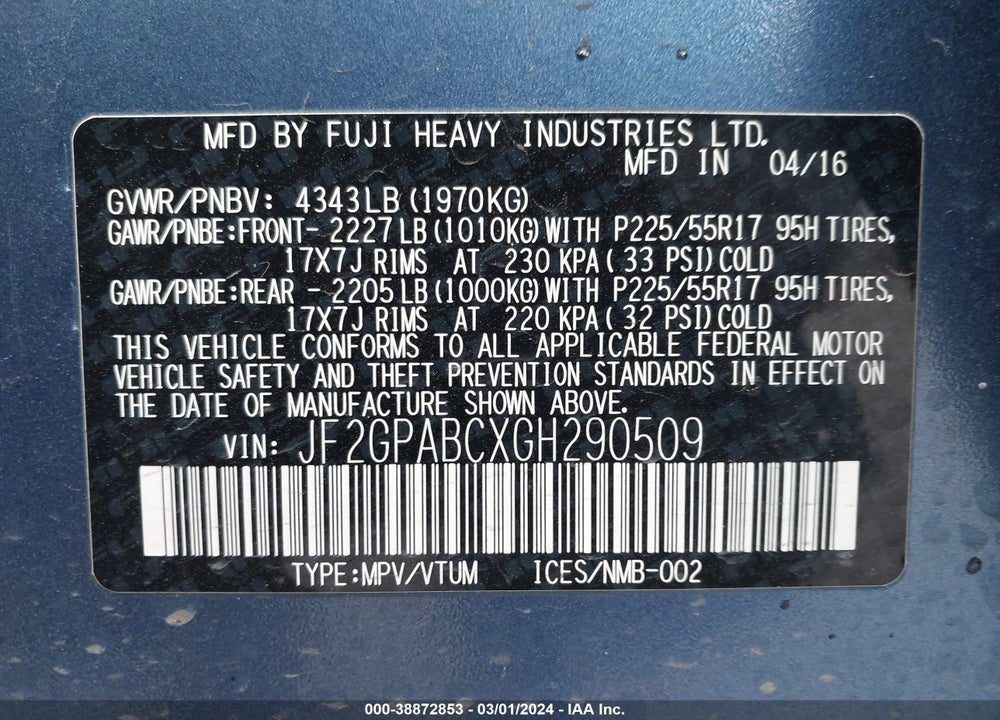 2016 SUBARU CROSSTREK 2.0I PREMIUM VIN: JF2GPABCXGH290509
