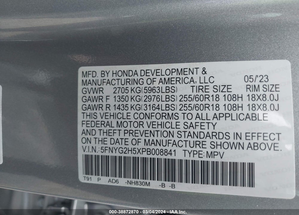 2023 HONDA PILOT 2WD EX-L 7 PASSENGER VIN: 5FNYG2H5XPB008841
