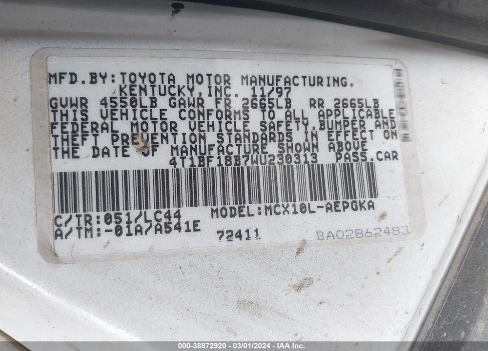 1998 TOYOTA AVALON XLS VIN: 4T1BF18B7WU230313