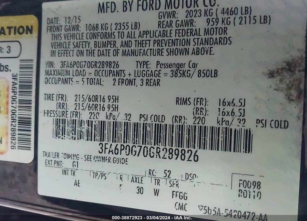 2016 FORD FUSION S VIN: 3FA6P0G70GR289826
