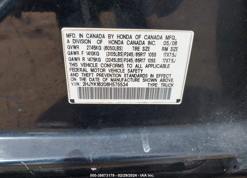 2006 HONDA RIDGELINE RT VIN: 2HJYK16206H575534