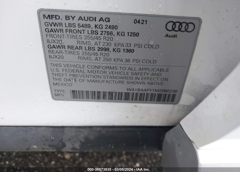 2021 AUDI Q5 PREMIUM PLUS 45 TFSI QUATTRO S TRONIC VIN: WA1BAAFY1M2090238