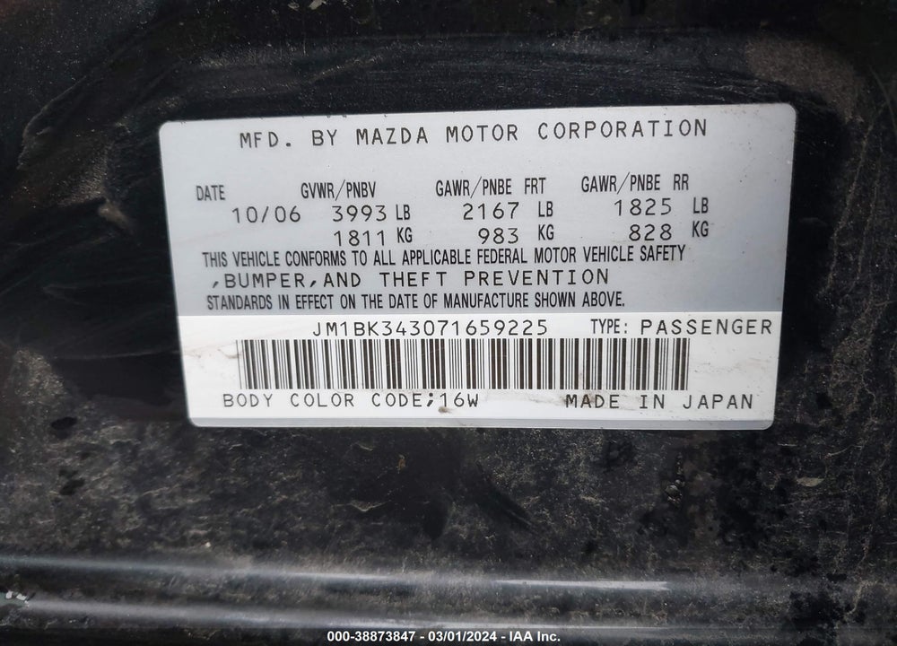 2007 MAZDA 3 S TOURING VIN: JM1BK343071659225