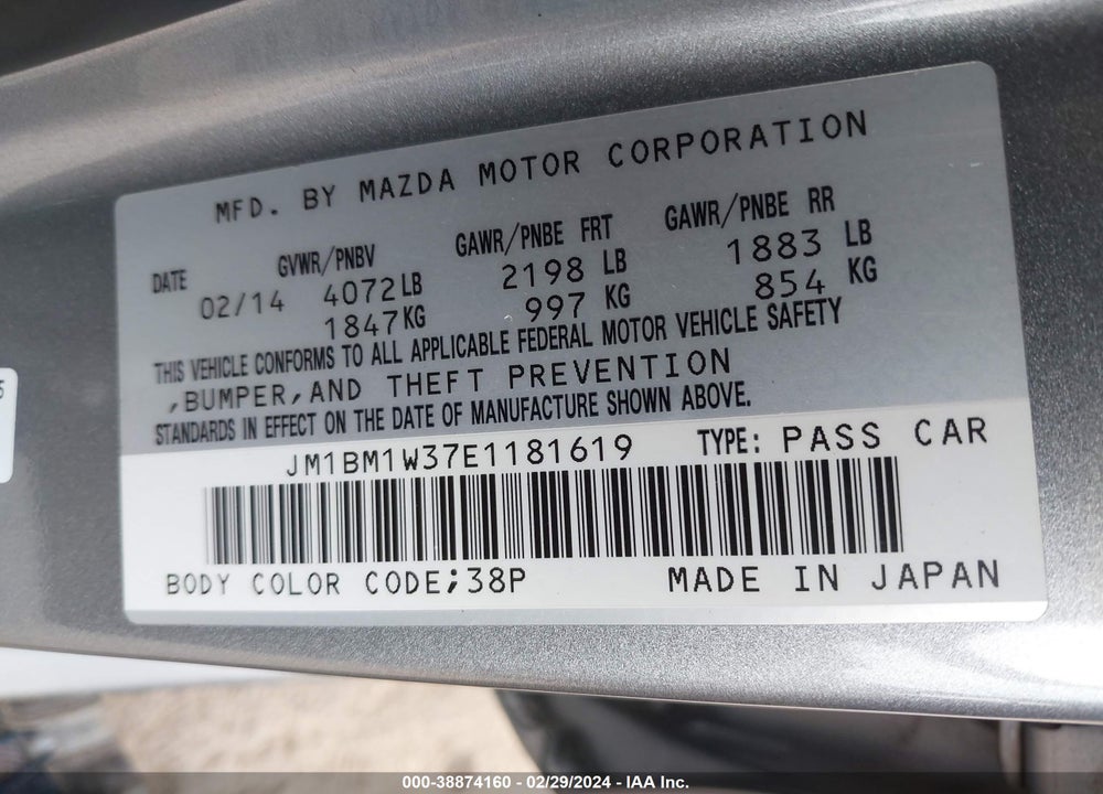 2014 MAZDA MAZDA3 VIN: JM1BM1W37E1181619