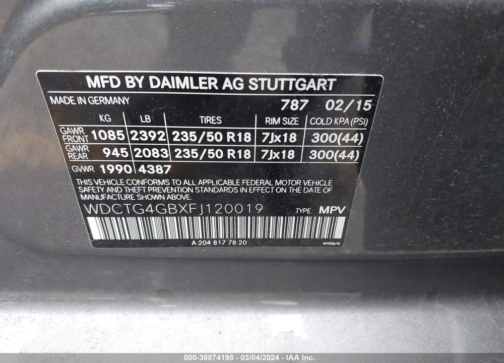 2015 MERCEDES-BENZ GLA 250 4MATIC VIN: WDCTG4GBXFJ120019