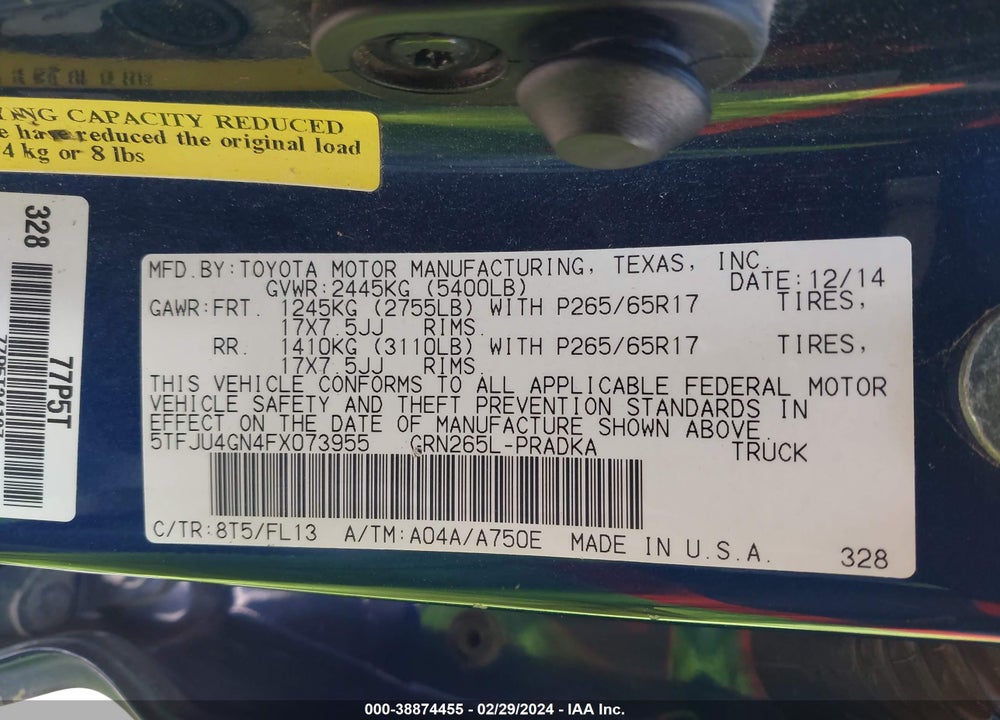 2015 TOYOTA TACOMA PRERUNNER V6 VIN: 5TFJU4GN4FX073955