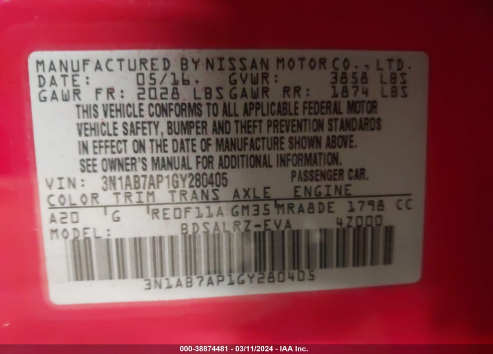 2016 NISSAN SENTRA FE+ S/S/SL/SR/SV VIN: 3N1AB7AP1GY280405