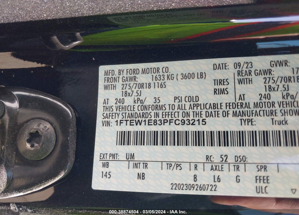 2023 FORD F-150 TREMOR VIN: 1FTEW1E83PFC93215