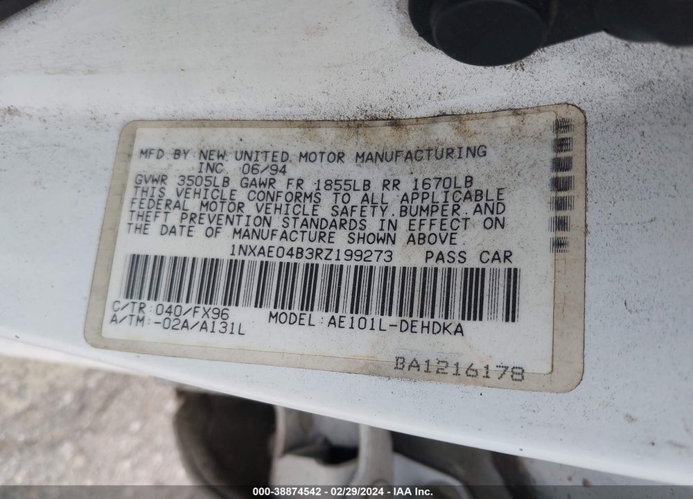 1994 TOYOTA COROLLA VIN: 1NXAE04B3RZ199273