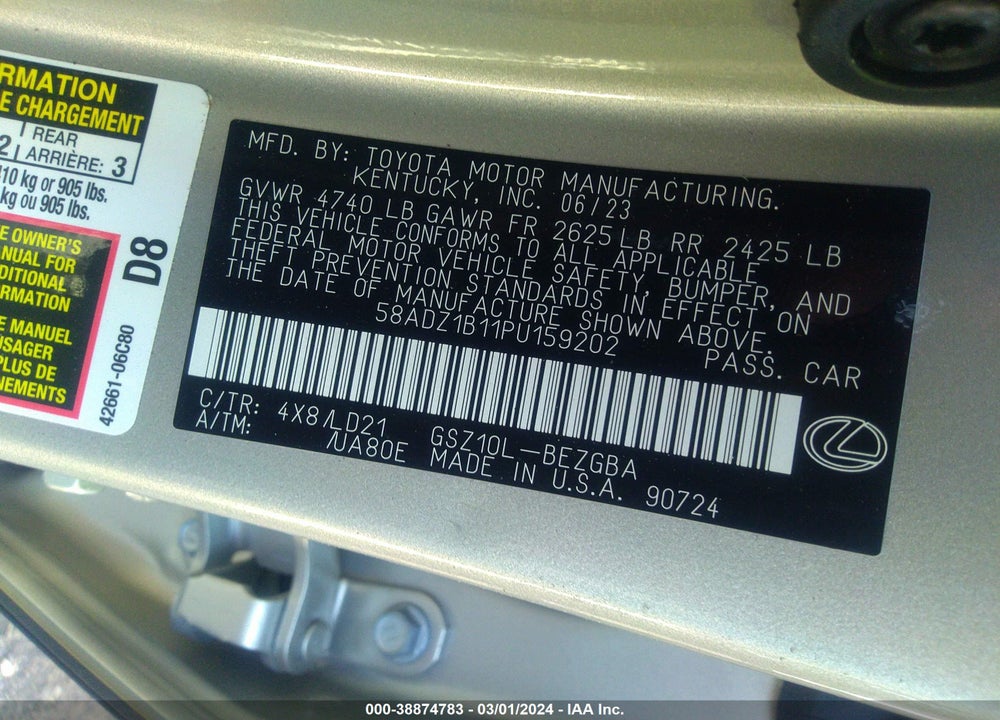 2023 LEXUS ES 350 VIN: 58ADZ1B11PU159202