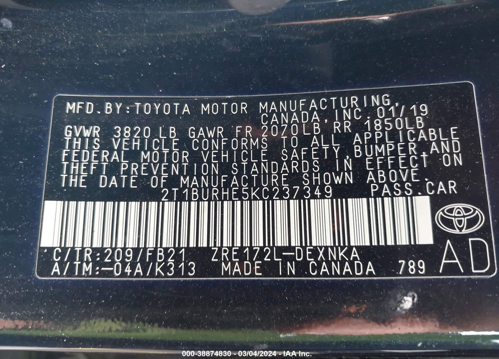 2019 TOYOTA COROLLA LE VIN: 2T1BURHE5KC237349