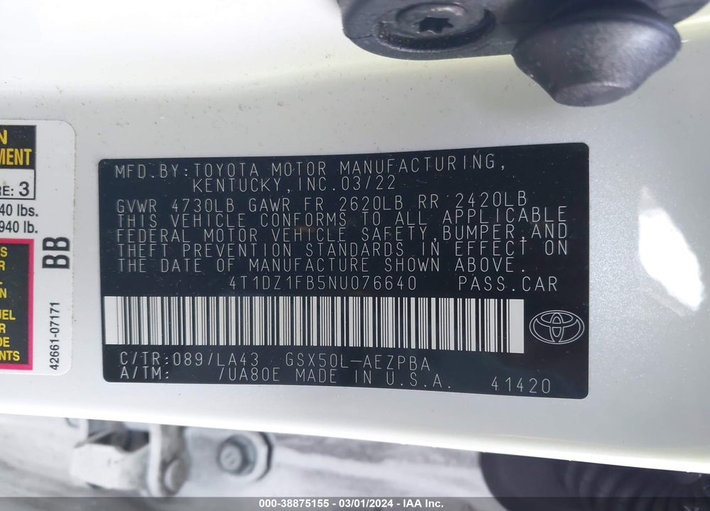 2022 TOYOTA AVALON LIMITED VIN: 4T1DZ1FB5NU076640