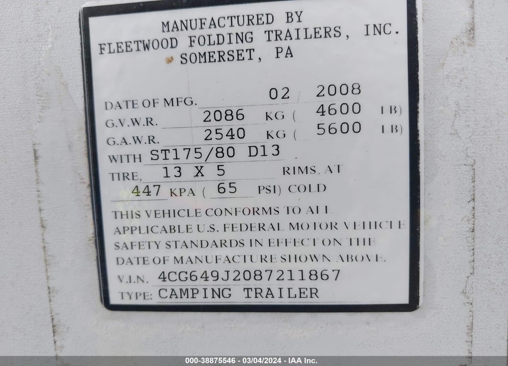 2008 COLEMAN OTHER VIN: 4CG649J2087211867
