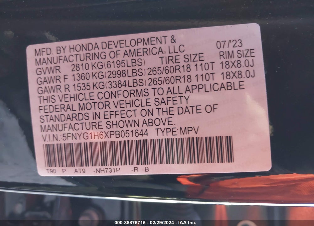 2023 HONDA PILOT AWD TRAILSPORT VIN: 5FNYG1H6XPB051644