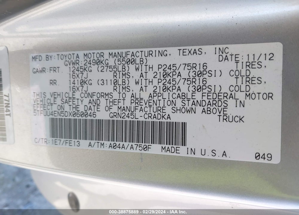 2013 TOYOTA TACOMA BASE V6 VIN: 5TFUU4EN5DX060046