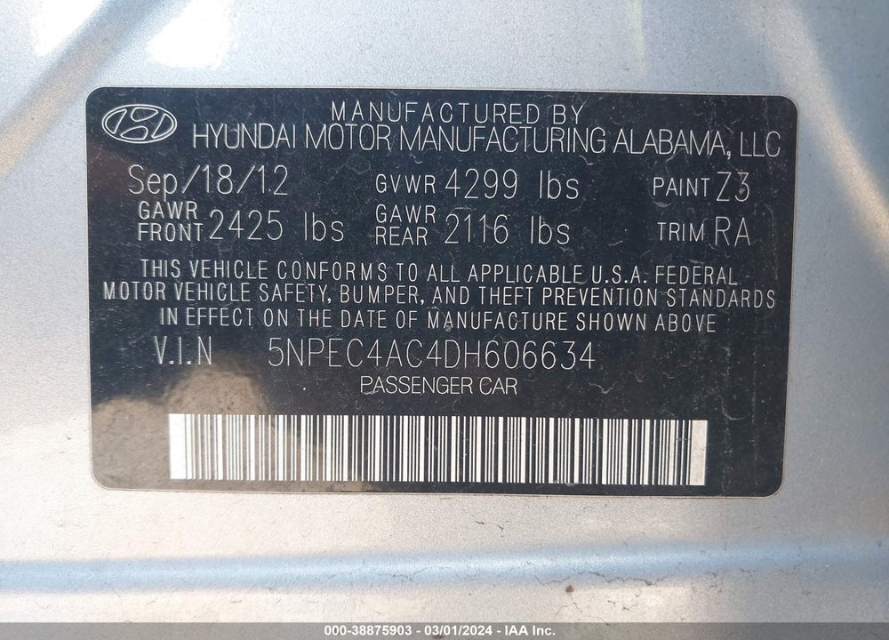 2013 HYUNDAI SONATA LIMITED VIN: 5NPEC4AC4DH606634