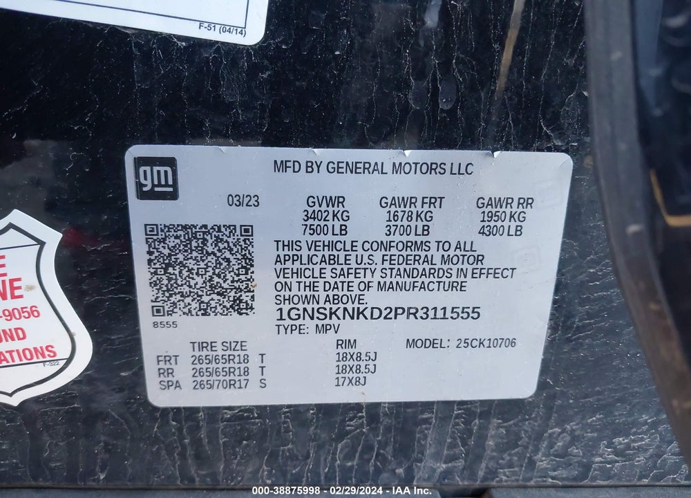2023 CHEVROLET TAHOE 4WD LT VIN: 1GNSKNKD2PR311555