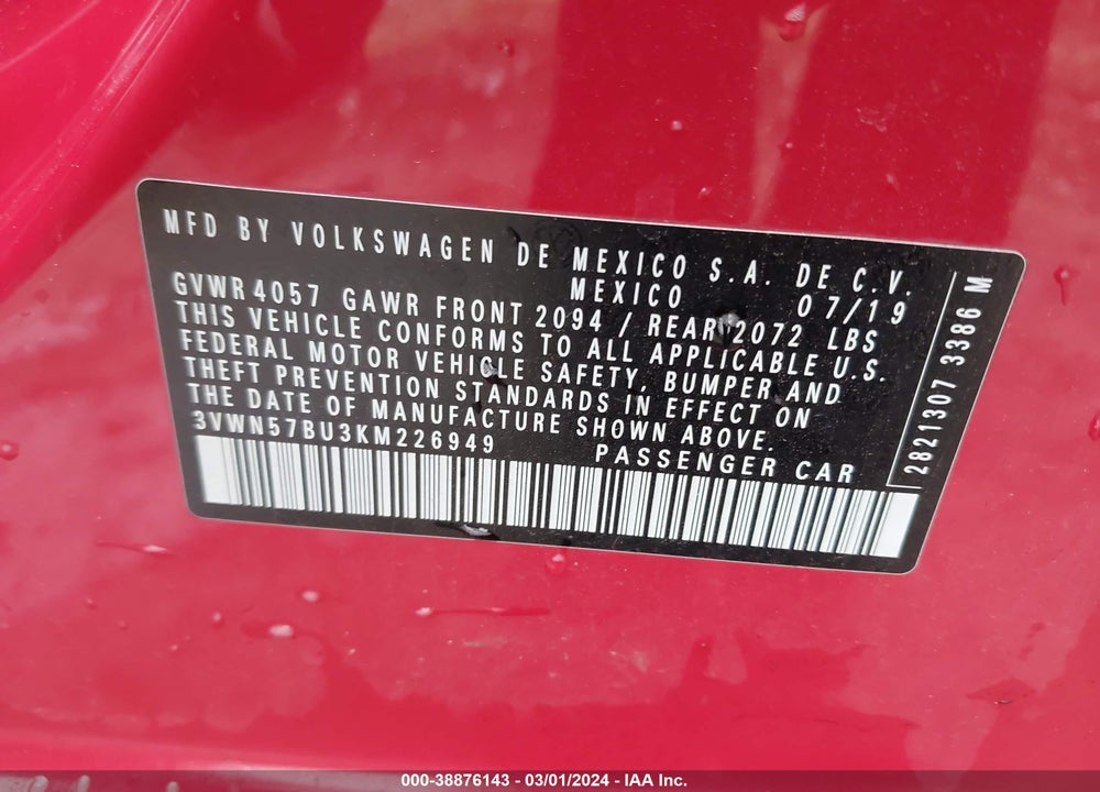 2019 VOLKSWAGEN JETTA 1.4T S VIN: 3VWN57BU3KM226949