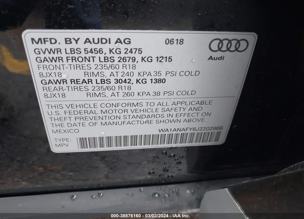 2018 AUDI Q5 2.0T PREMIUM/2.0T TECH PREMIUM VIN: WA1ANAFY6J2202866