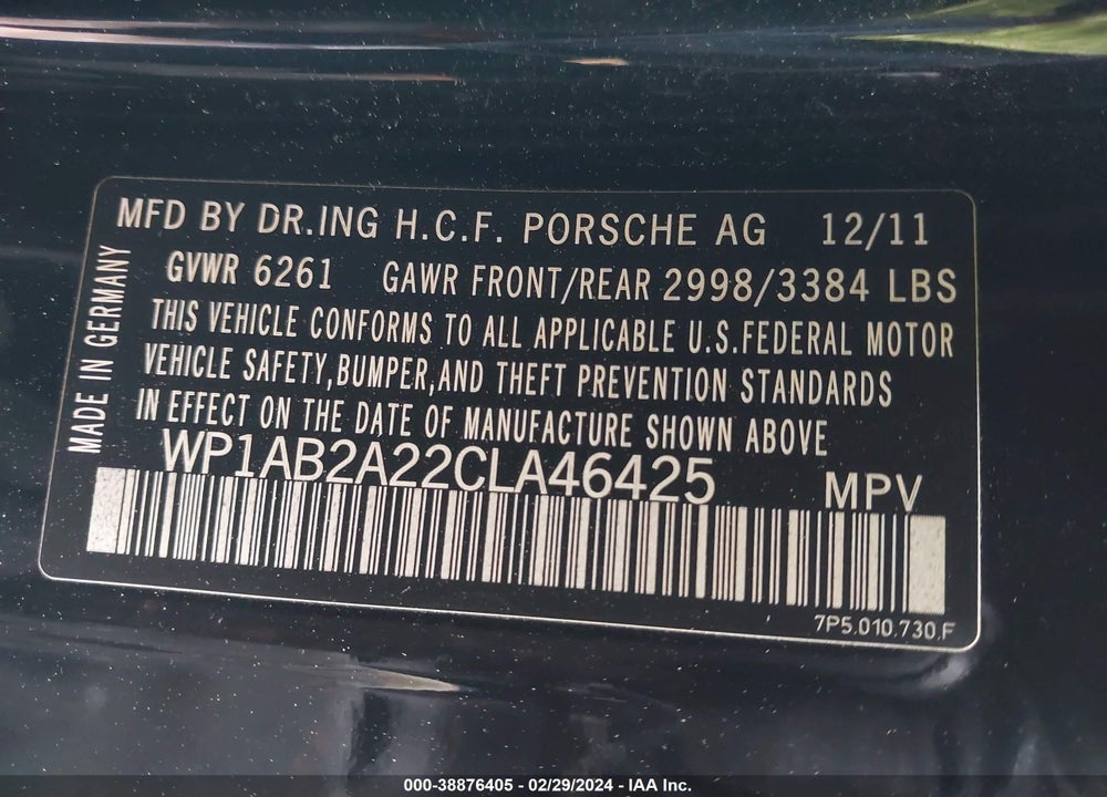 2012 PORSCHE CAYENNE S VIN: WP1AB2A22CLA46425