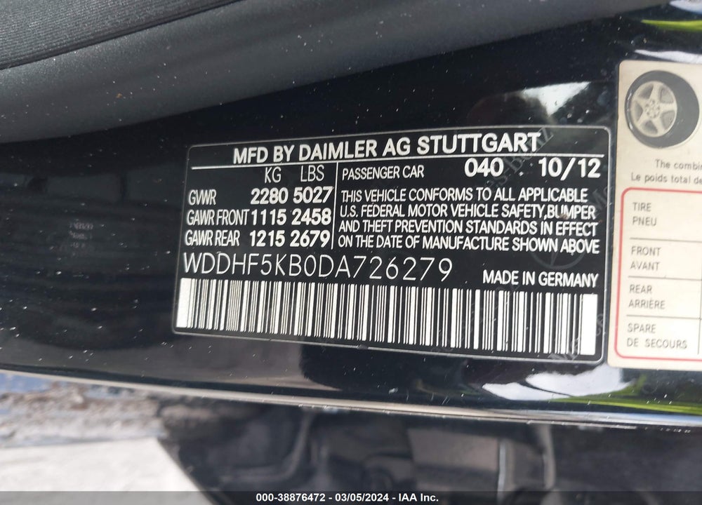 2013 MERCEDES-BENZ E 350 VIN: WDDHF5KB0DA726279