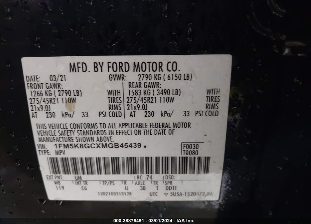 2021 FORD EXPLORER ST VIN: 1FM5K8GCXMGB45439