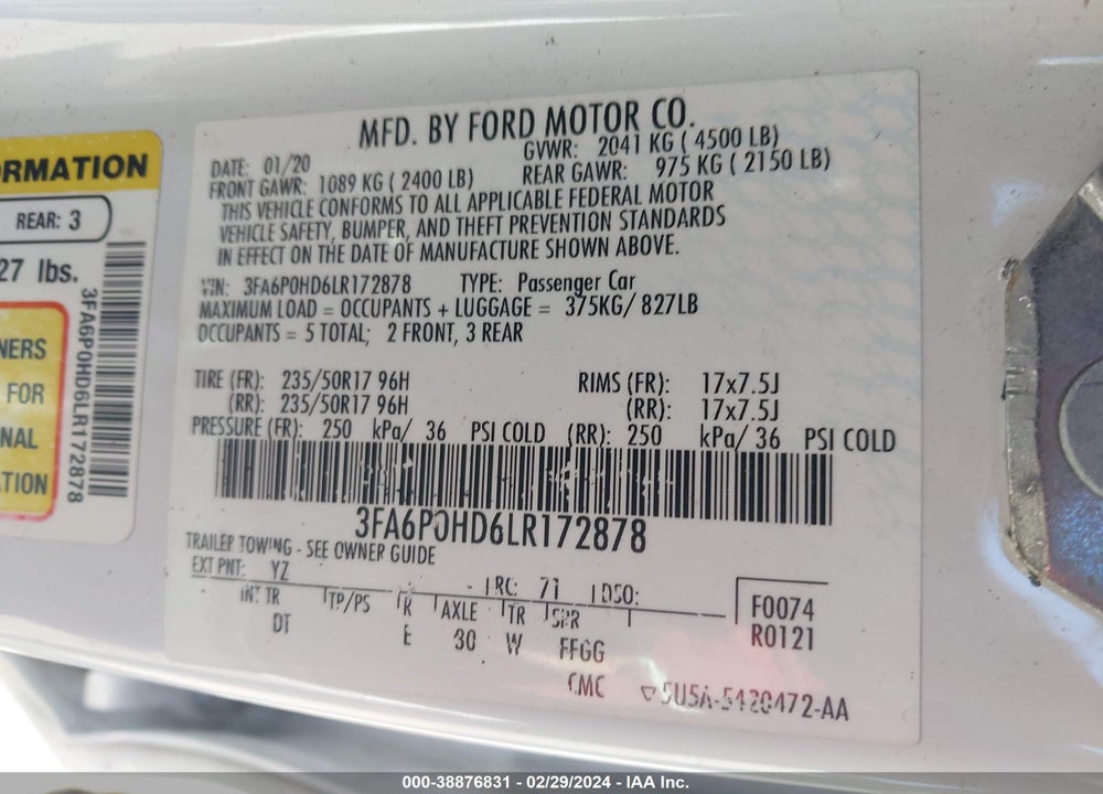 2020 FORD FUSION SE VIN: 3FA6P0HD6LR172878