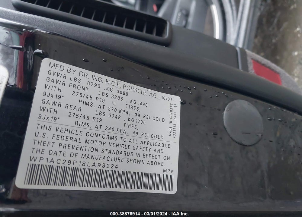 2008 PORSCHE CAYENNE TURBO VIN: WP1AC29P18LA93224