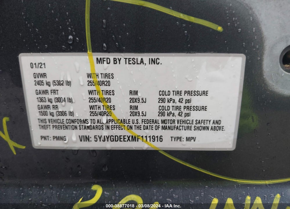 2021 TESLA MODEL Y LONG RANGE DUAL MOTOR ALL-WHEEL DRIVE VIN: 5YJYGDEEXMF111916